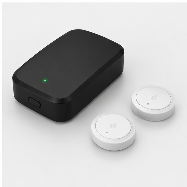 Hardware der MFM Guard Alarmanlage: Zentrale, GPS-Antenne und Funk-Sensoren